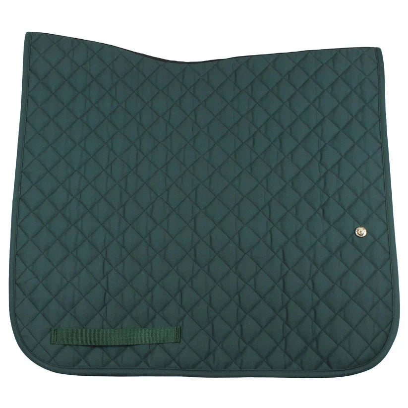 Ogilvy Equestrian dressage baby saddle pad in hunter green with quilted design and girth straps for horse riding.