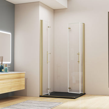 duschkabine 95x90 eckeinstieg Falttür Dusche Duschwand NANO Glas Duschabtrennung H.195 cm gold