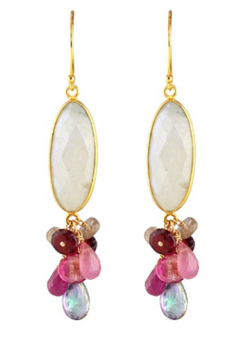 AVF Oval Gold Bezel Moonstone, Pink Sapphire, Pink Topaz, Mystic Topaz, Ruby & Rhodolite Garnet Earrings (SI6711)