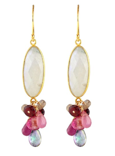 AVF Oval Gold Bezel Moonstone, Pink Sapphire, Pink Topaz, Mystic Topaz, Ruby & Rhodolite Garnet Earrings (SI6711)
