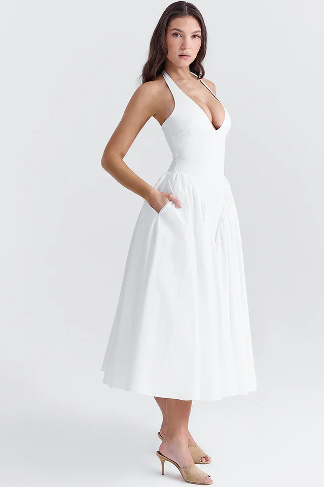 Marilyn White Cotton Halter Midi Sundress