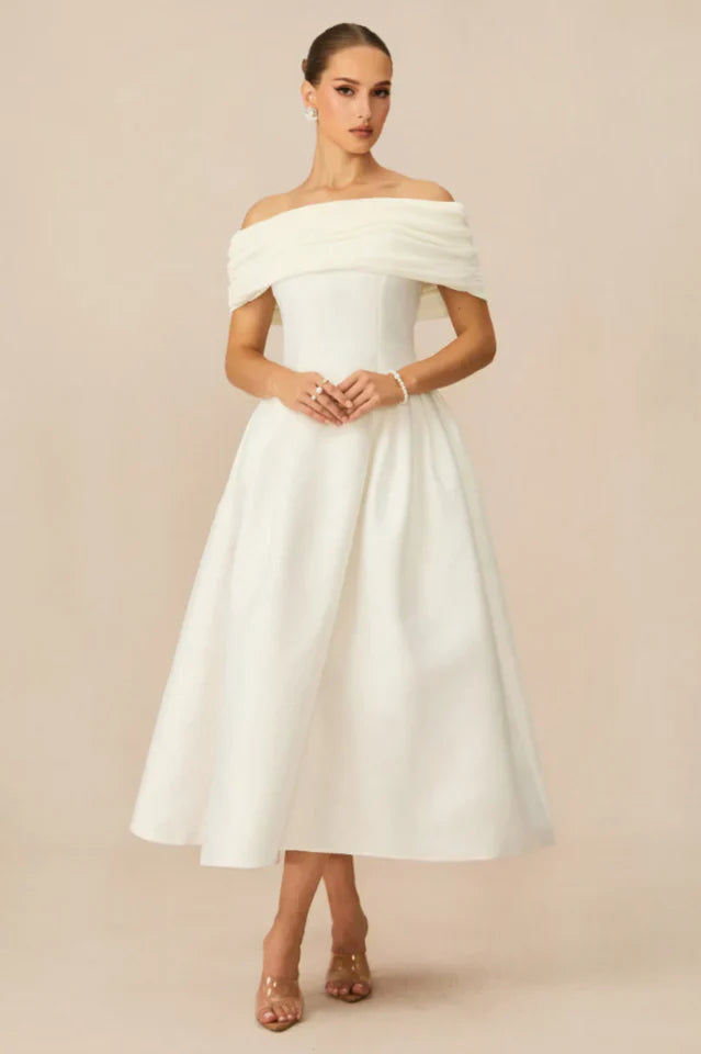Vivian Off Shoulder Flare Satin Midi Dress