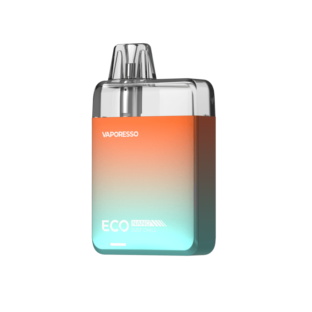 VAPORESSO ECO NANO pod vape in a gradient orange and blue color, with text 'JUST CHILL'