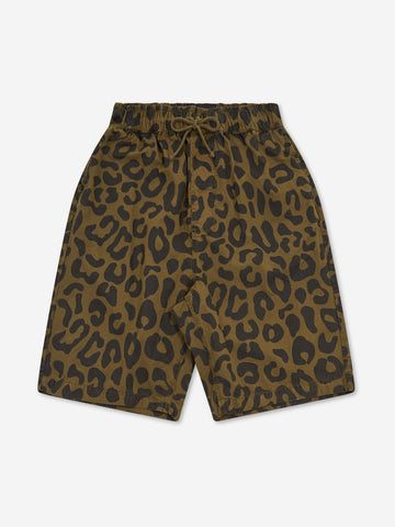 The Earth People Coffey Leopard City Short in khaki features a comfortable elastic waistband with drawstring and a stylish leopard print, crafted in knee-length cotton for both comfort and flair.