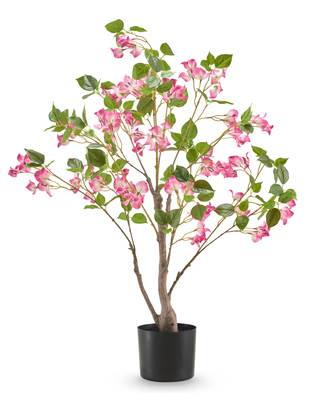 De Kunstplant Bougainvillea 90 cm is een kunstplant in pot met meerdere takken, groene bladeren en veel roze bloemen in een eenvoudige zwarte pot, afgebeeld tegen een effen witte achtergrond.