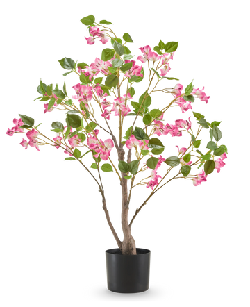 De Kunstplant Bougainvillea 90 cm is een kunstplant in pot met meerdere takken, groene bladeren en veel roze bloemen in een eenvoudige zwarte pot, afgebeeld tegen een effen witte achtergrond.