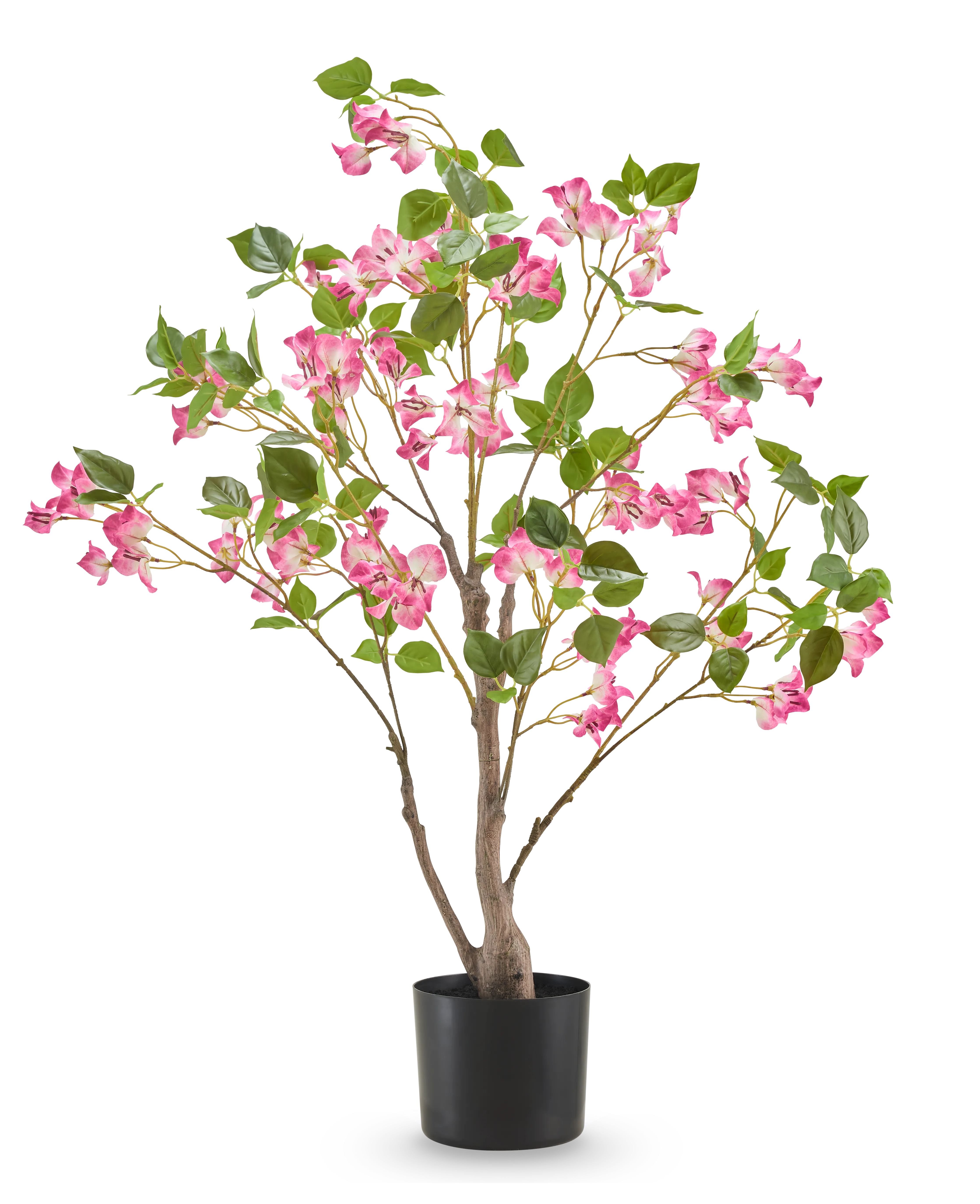 De Kunstplant Bougainvillea 90 cm is een kunstplant in pot met meerdere takken, groene bladeren en veel roze bloemen in een eenvoudige zwarte pot, afgebeeld tegen een effen witte achtergrond.