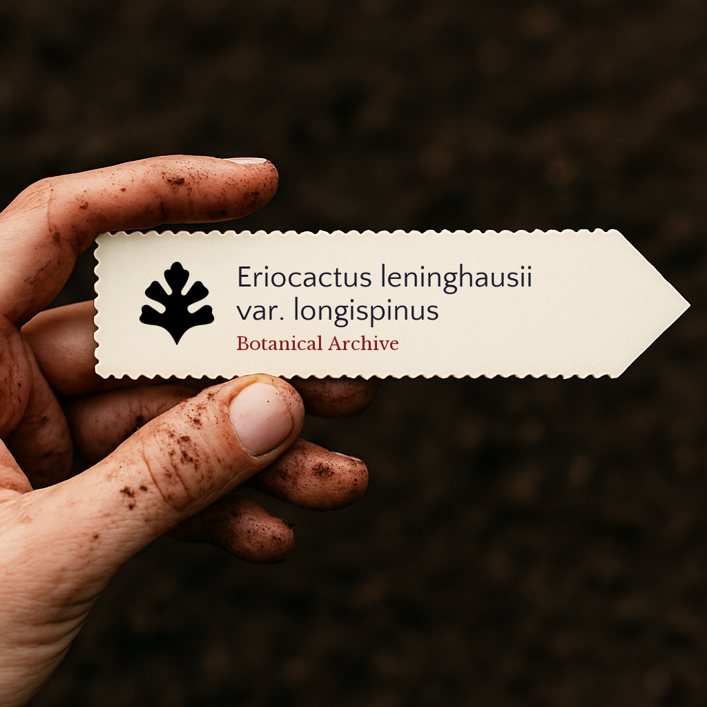 Printed plant label for Eriocactus leninghausii var. longispinus held by dirty hand