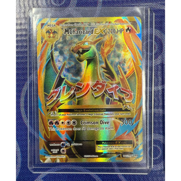 Mega Charizard EX Pokémon card featuring vibrant artwork and detailed illustration of the Pokémon in a trading card format.