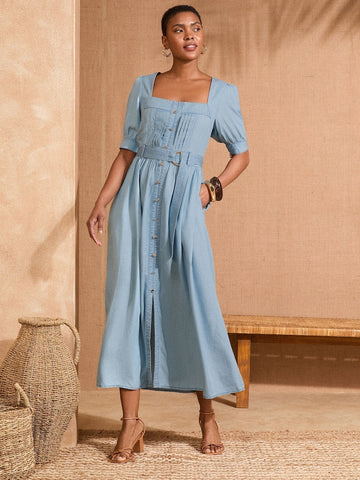 Buy Love & Roses Light Blue Denim Square Neck Short Sleeve Belted Button  Through Mid Dress from Next USA
