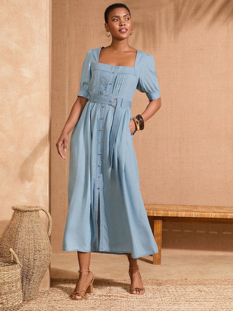 Buy Love & Roses Light Blue Denim Square Neck Short Sleeve Belted Button  Through Mid Dress from Next USA