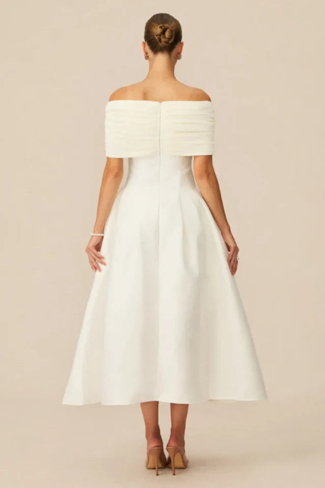 Vivian Off Shoulder Flare Satin Midi Dress