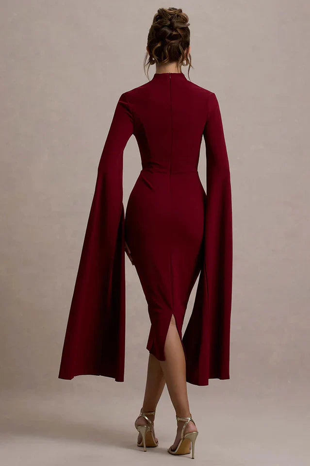 Berry Bodycon Cape-Sleeve Midi Dress