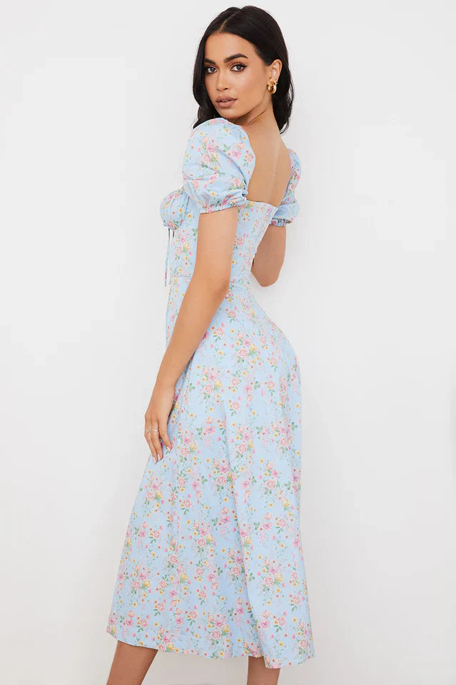 Blue And Pink Vintage Print Midi Skirt