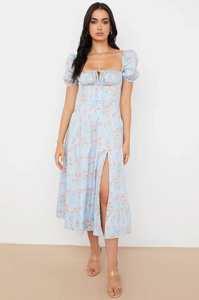 Blue And Pink Vintage Print Midi Skirt