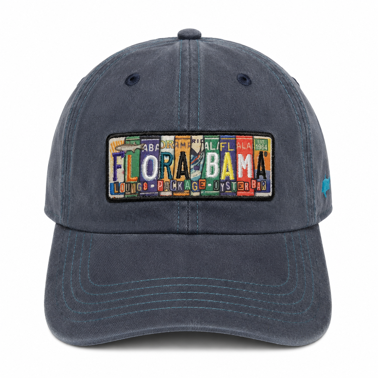 denim hat with flora bama in license plates