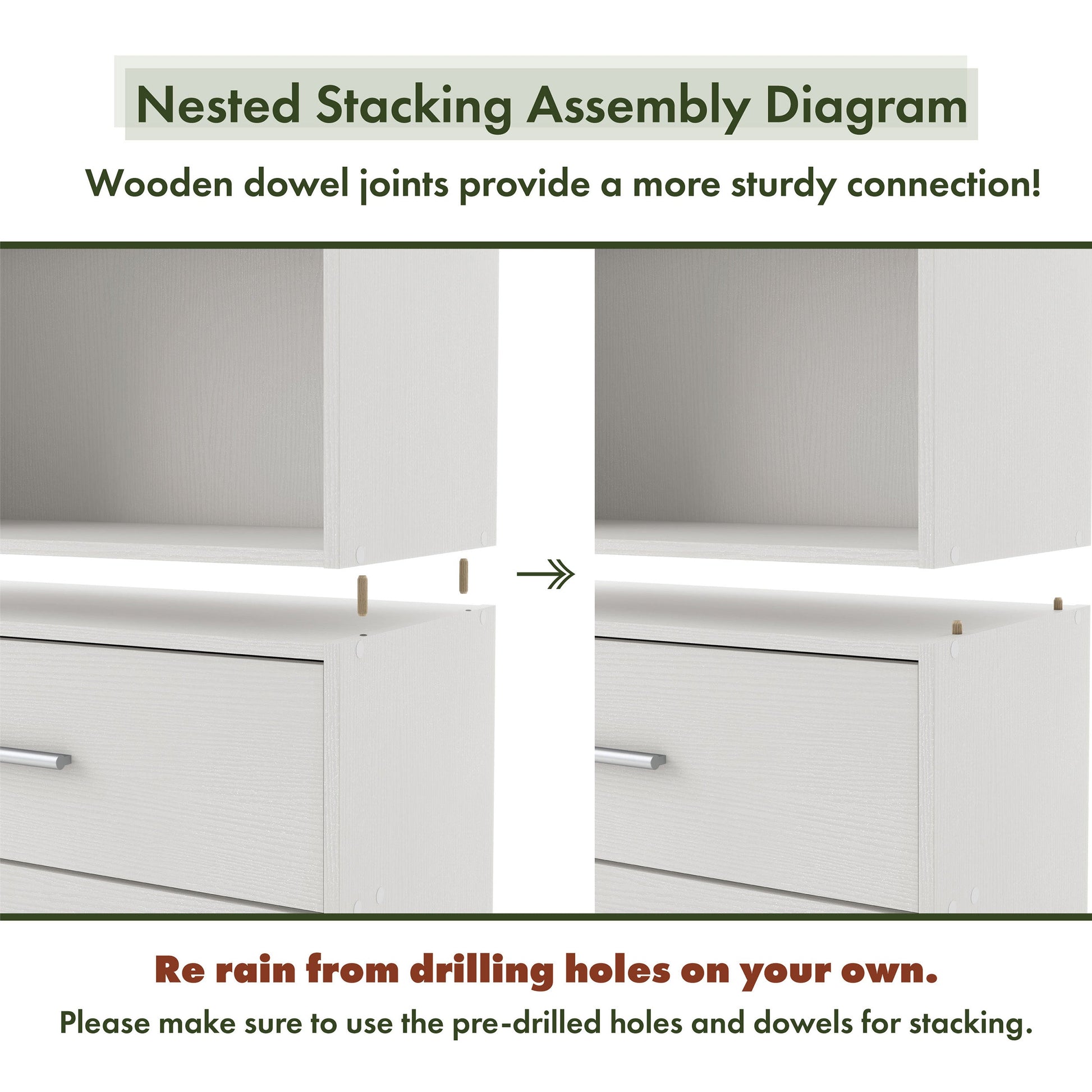 A nested stacking assembly diagram showing a durable modern two-shelf storage bookcase being stacked with dowels for security