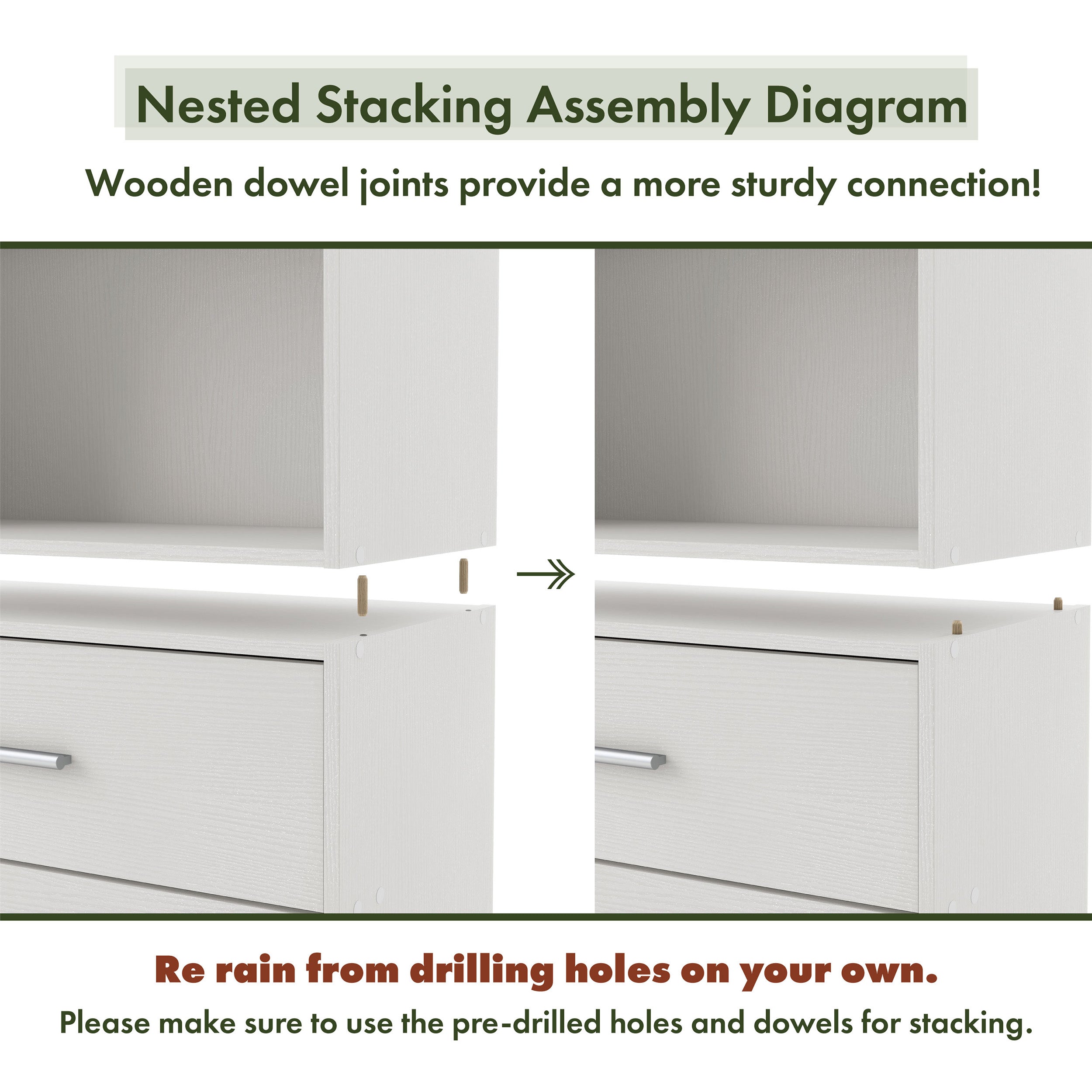 A nested stacking assembly diagram showing a durable modern two-shelf storage bookcase being stacked with dowels for security