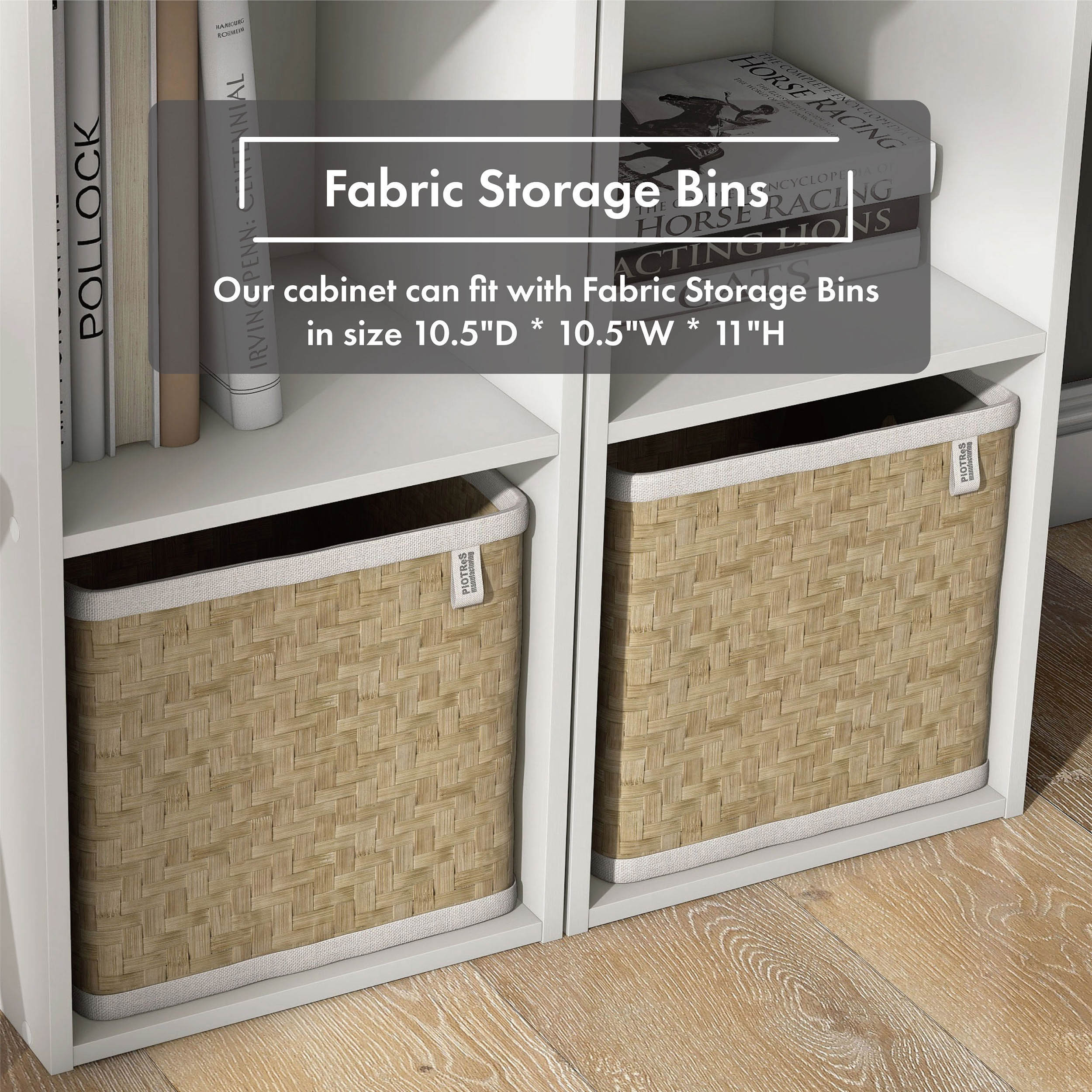 Fabric storage bins shown in a modern cubby style bookcase with a white finish and accessories