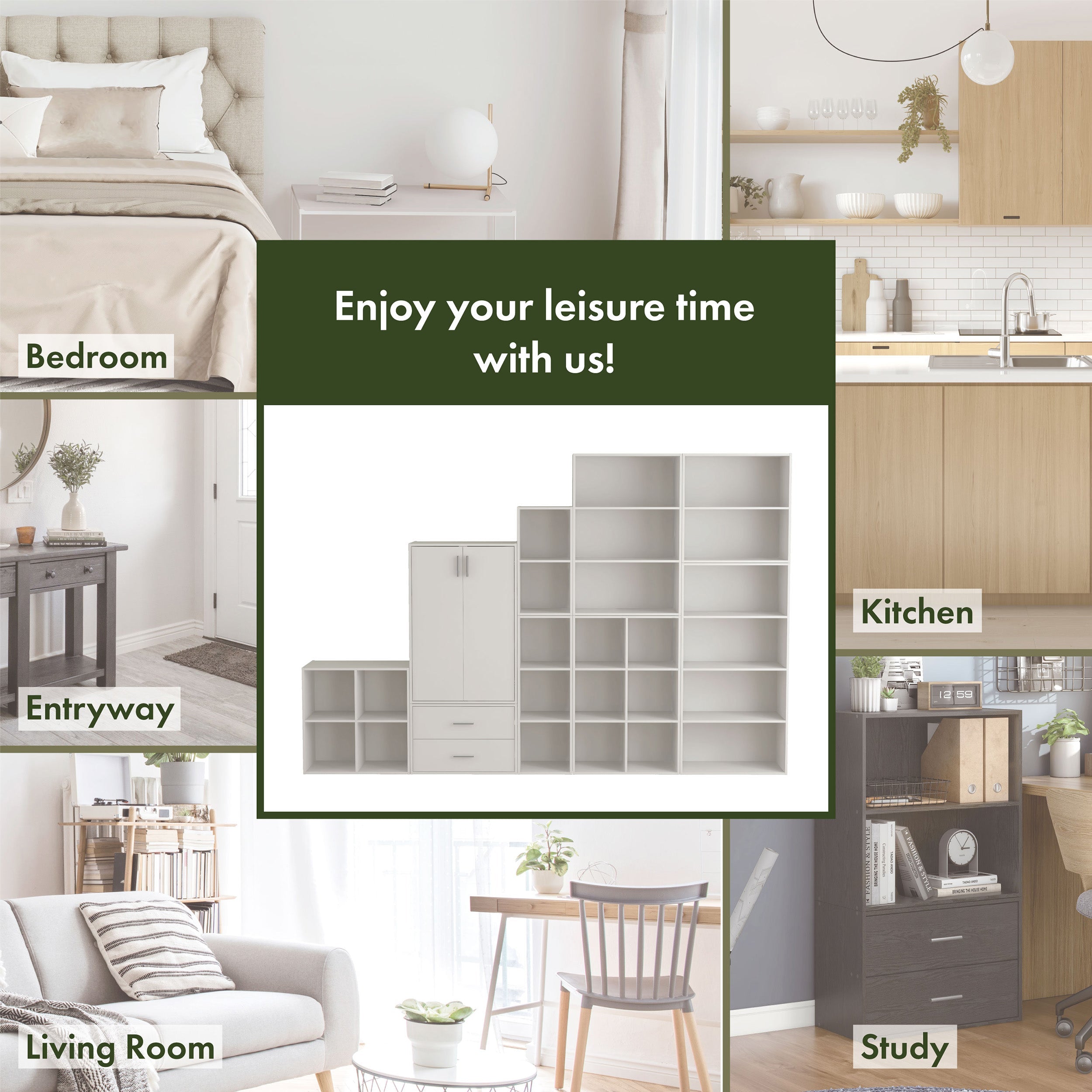 Seven-panel composite image showing a durable modern two-shelf black storage bookcase in a larger configuration and in various rooms of the home where it may be used