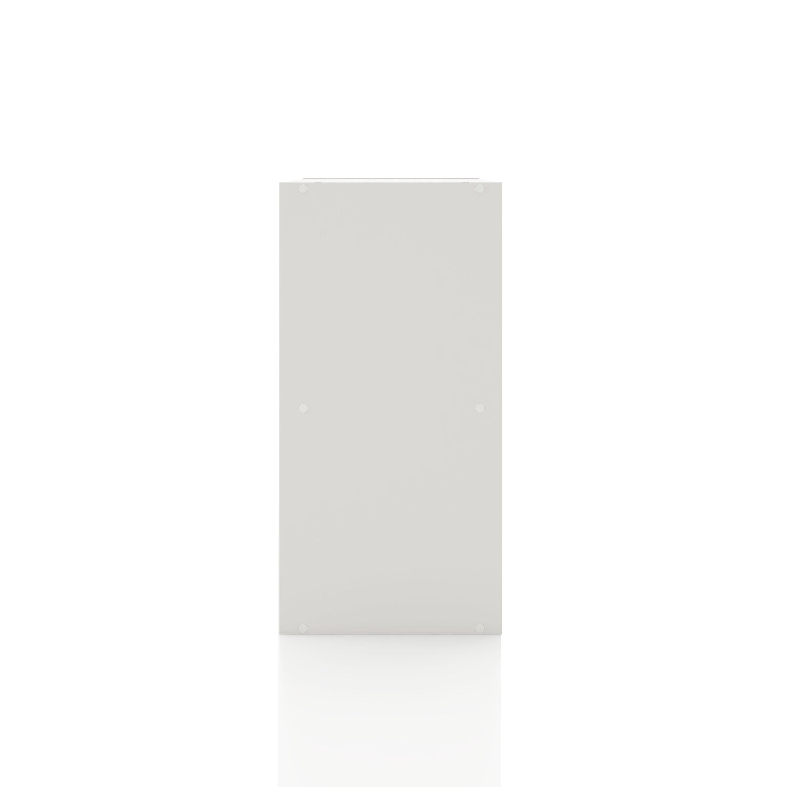 Front facing side view of a durable modern two-shelf white storage bookcase on a white background