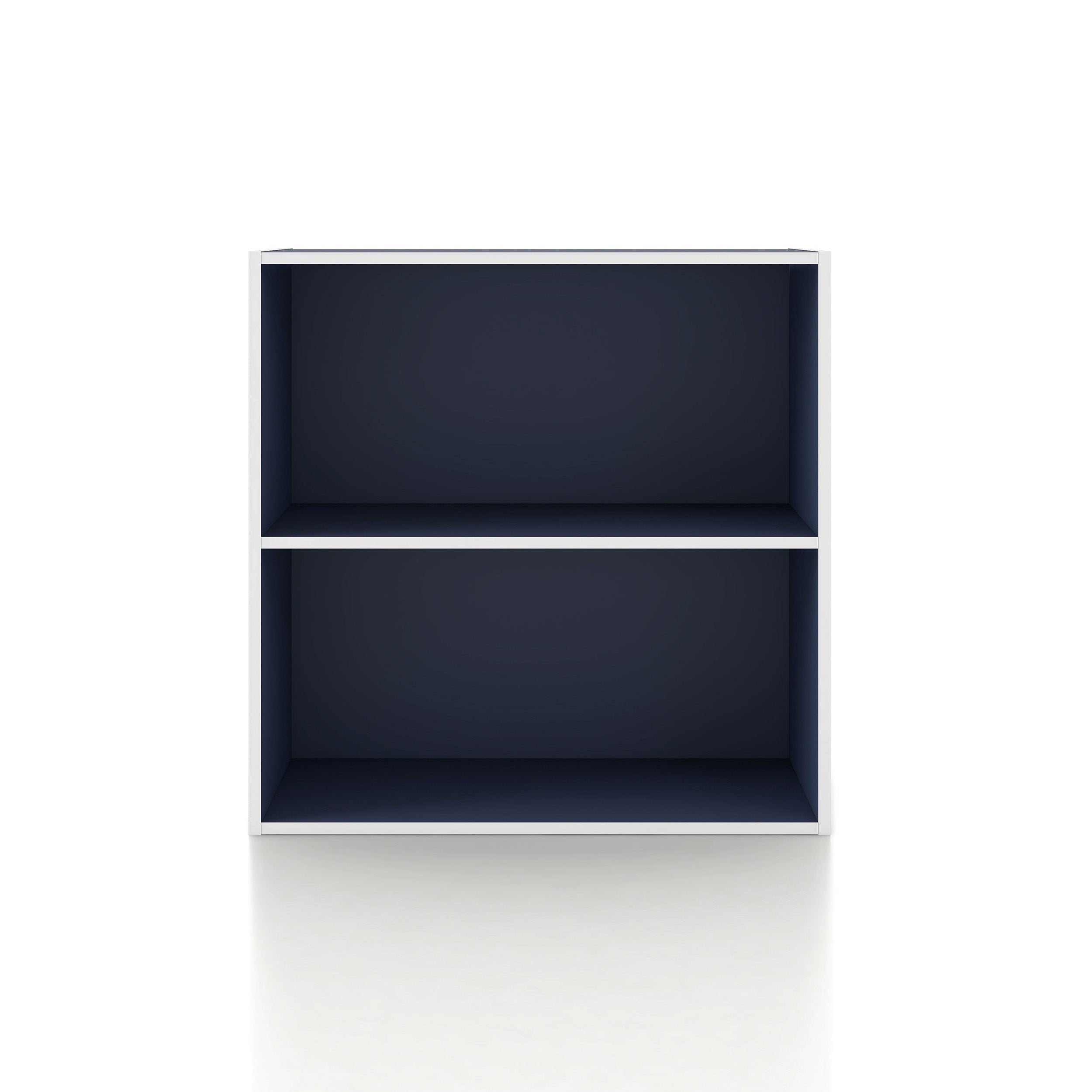 Front facing durable modern two-shelf steel blue storage bookcase on a white background