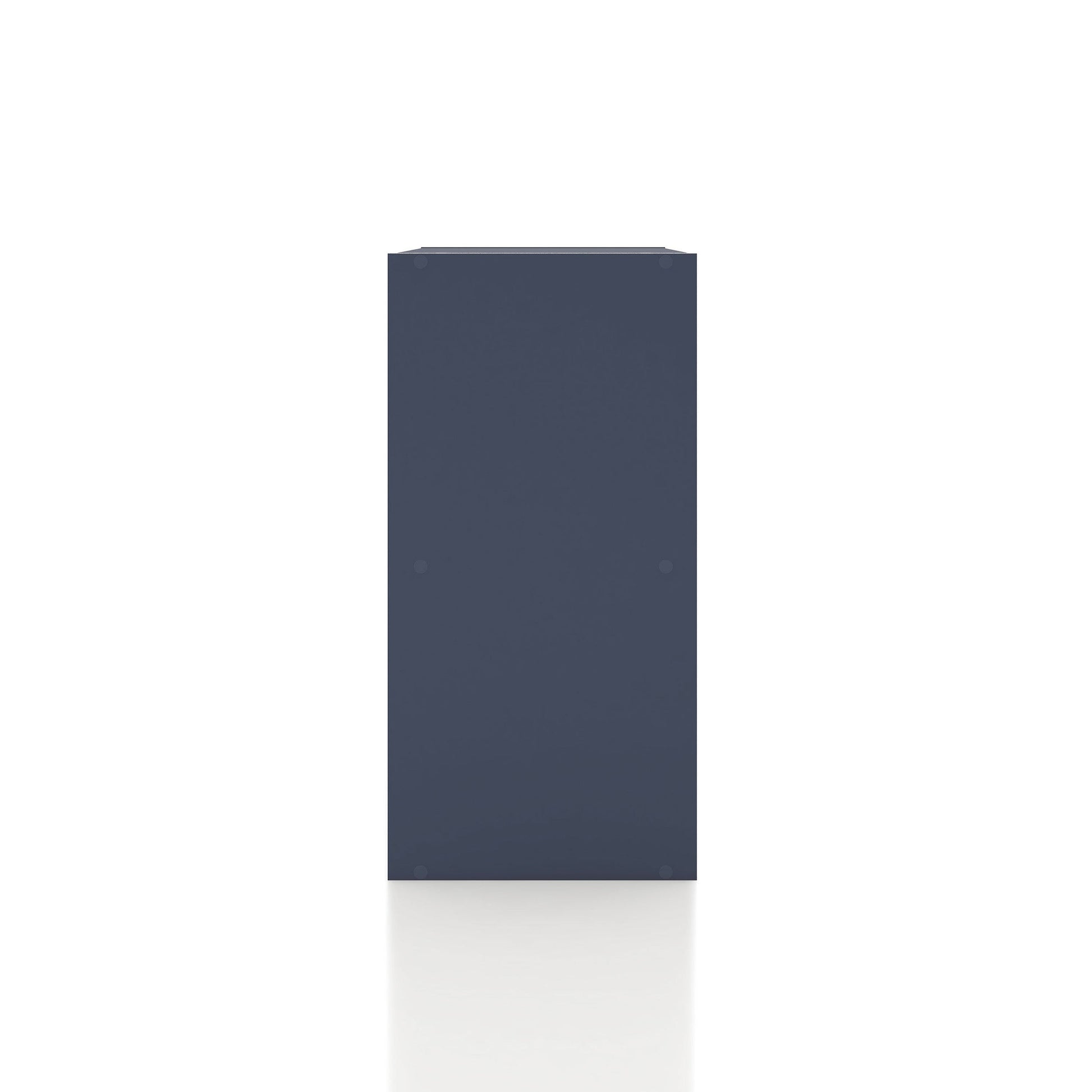 Front facing side view of a durable modern two-shelf steel blue storage bookcase on a white background