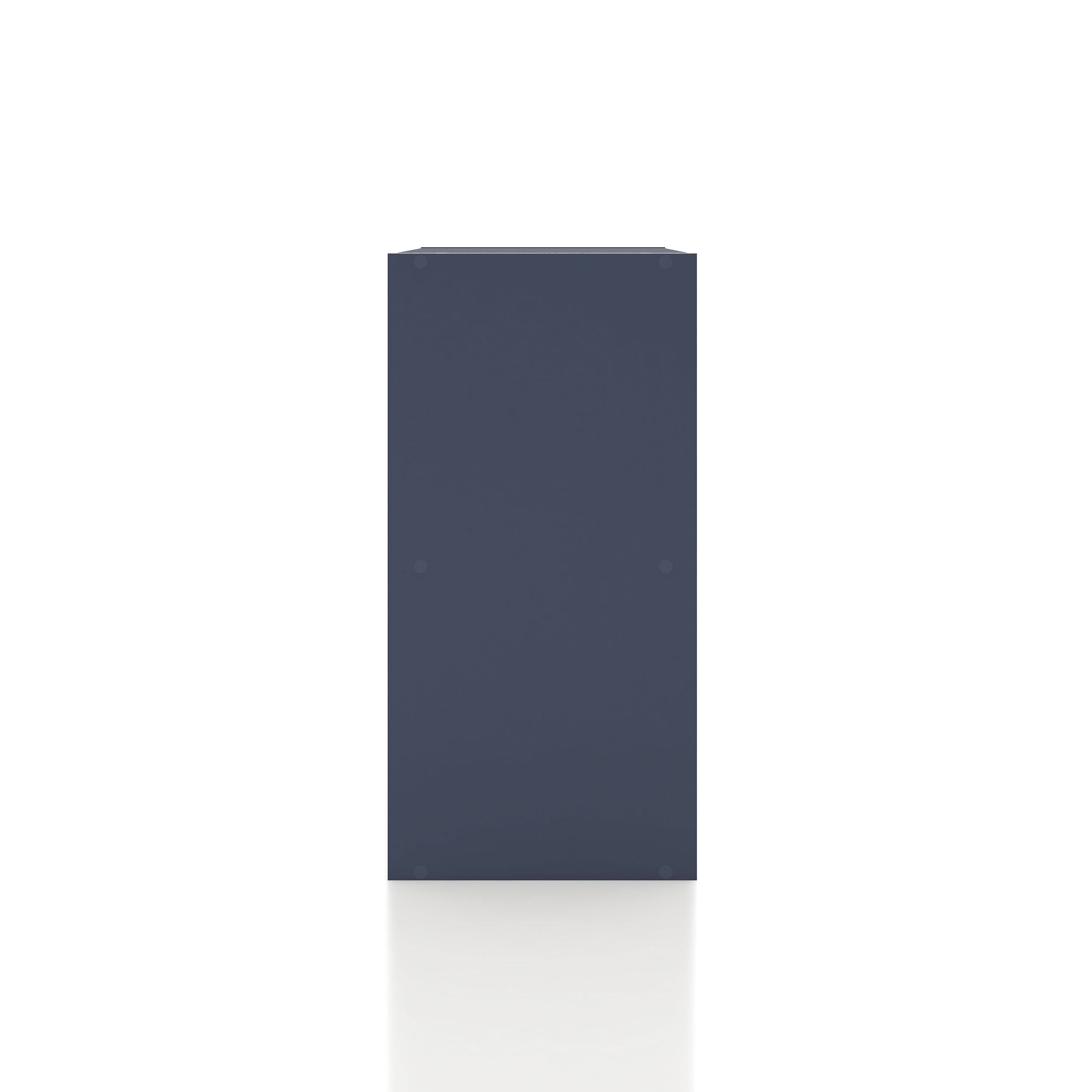Front facing side view of a durable modern two-shelf steel blue storage bookcase on a white background