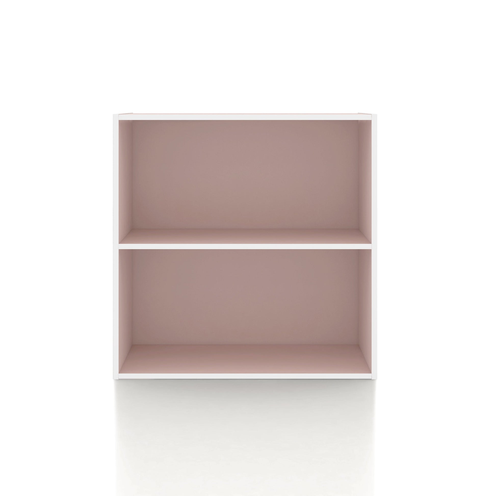 Front facing durable modern two-shelf light pink storage bookcase on a white background