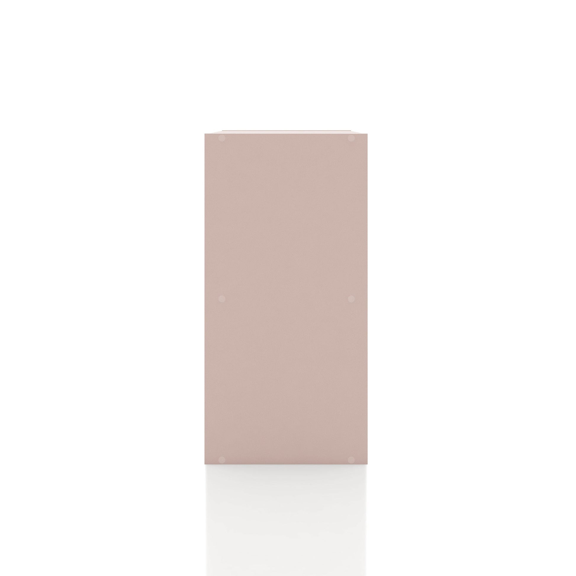 Front facing side view of a durable modern two-shelf light pink storage bookcase on a white background