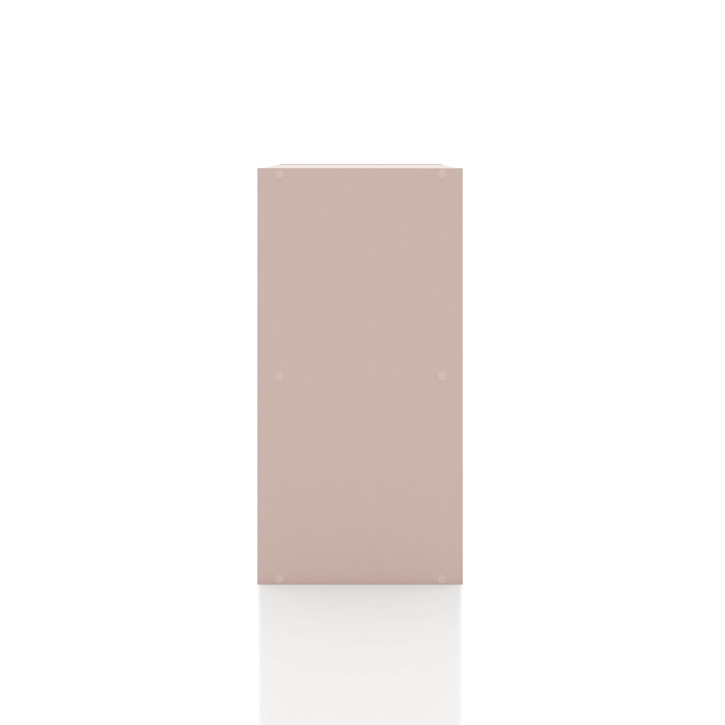 Front facing side view of a durable modern two-shelf light pink storage bookcase on a white background