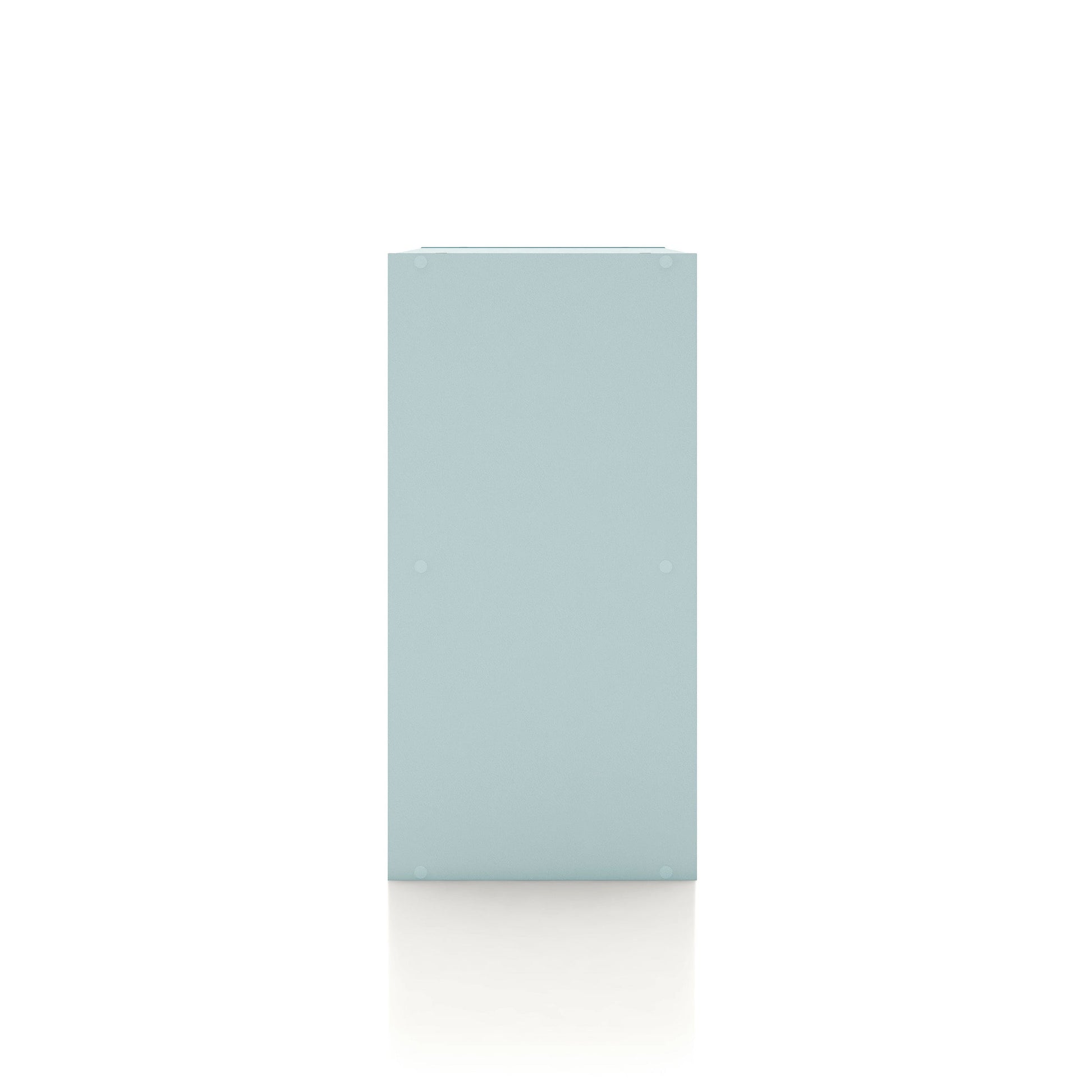 Front facing side view of a durable modern two-shelf light blue storage bookcase on a white background