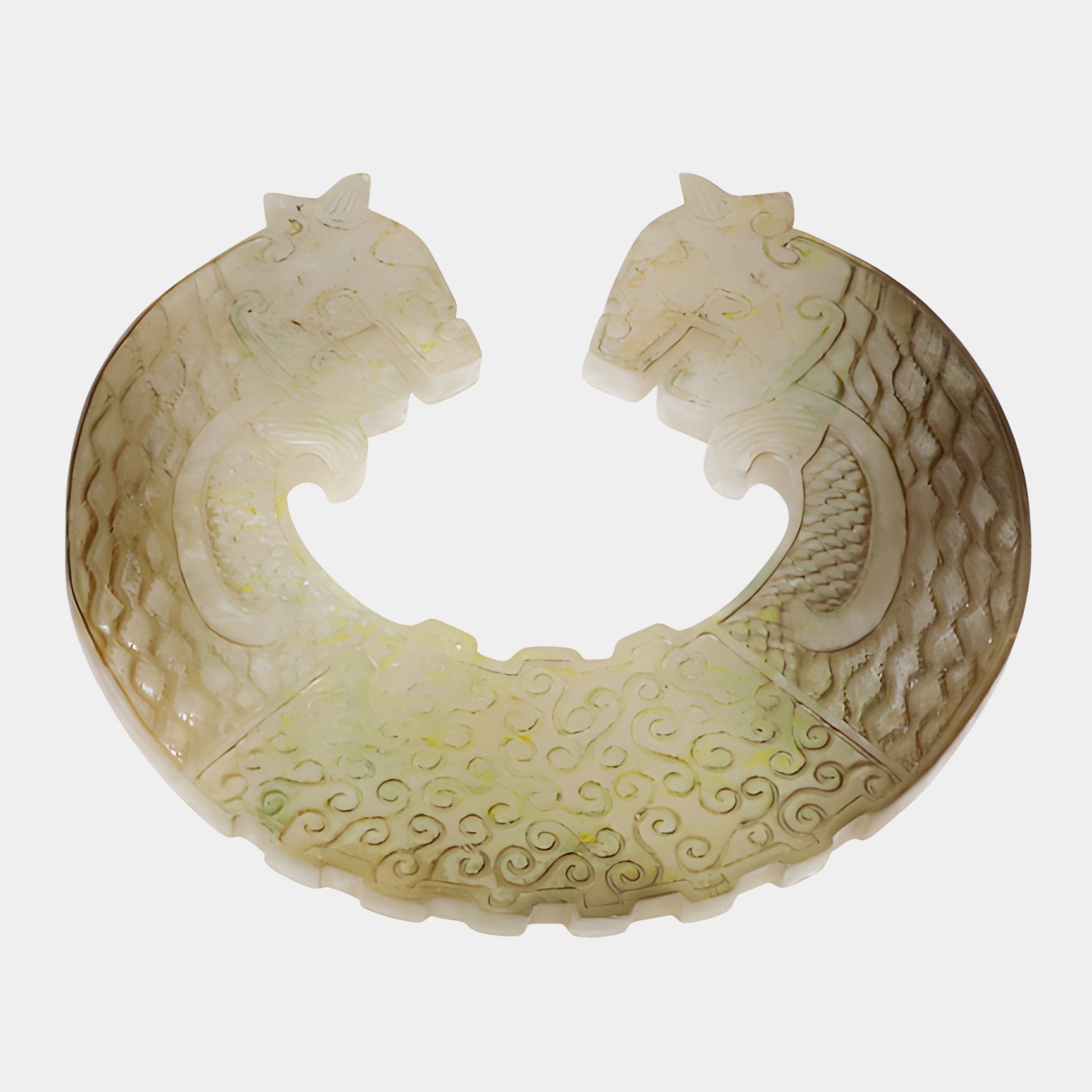 Giant Sculptures Twin Dragon Arc Celadon Carved Jade Ornament 45cm with two facing dragon heads and scroll motifs, shown on a plain white background.