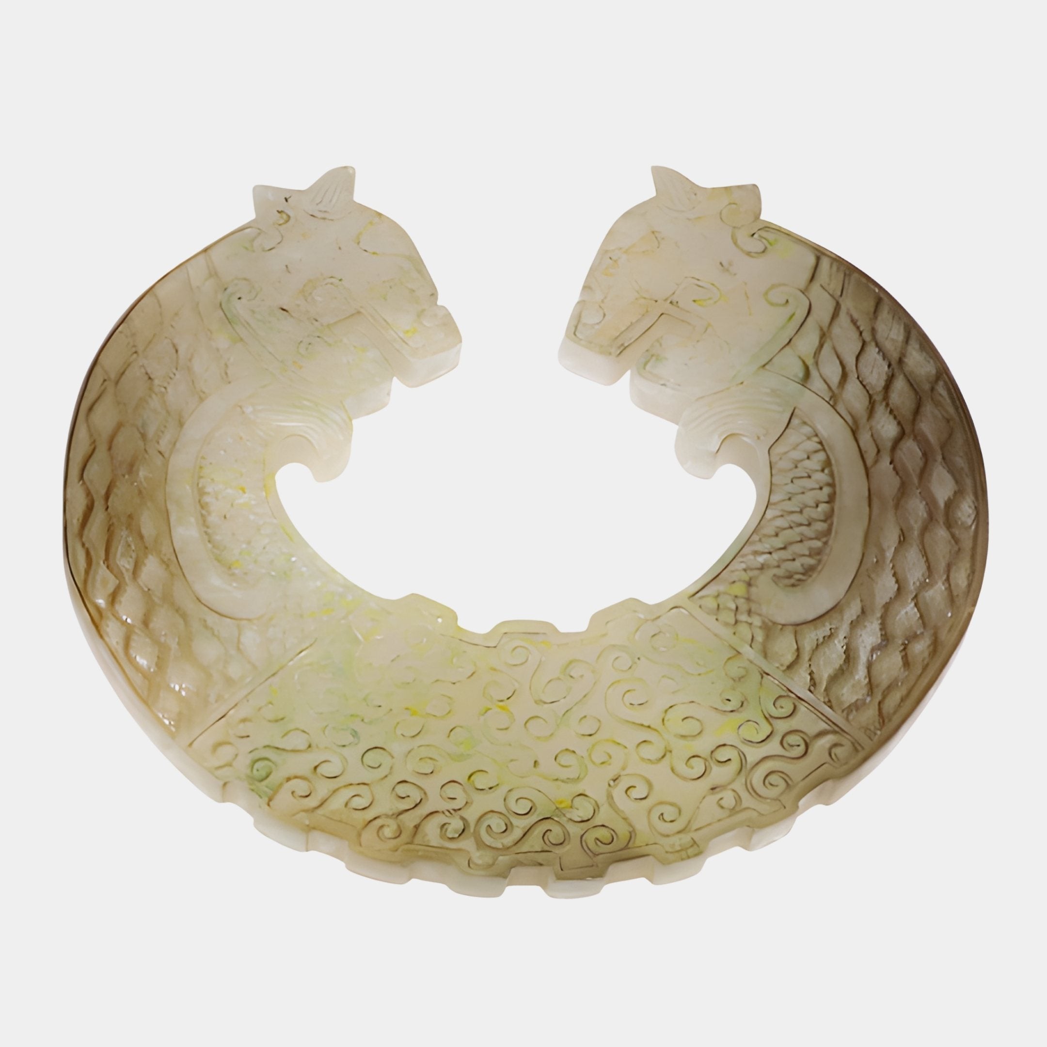 Giant Sculptures Twin Dragon Arc Celadon Carved Jade Ornament 45cm with two facing dragon heads and scroll motifs, shown on a plain white background.