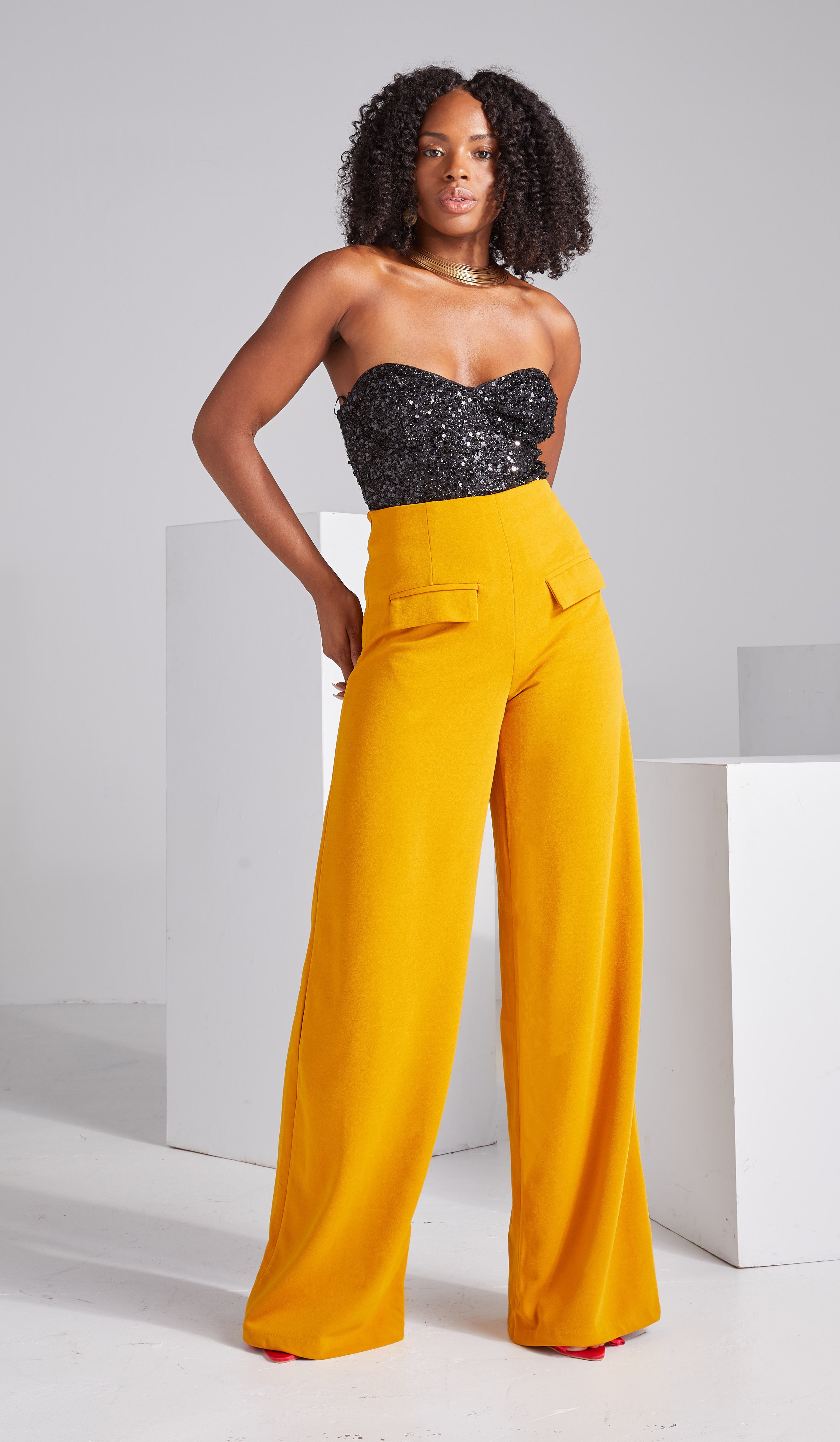 Wide-Leg Dress Pants — Mustard Gold/Yellow