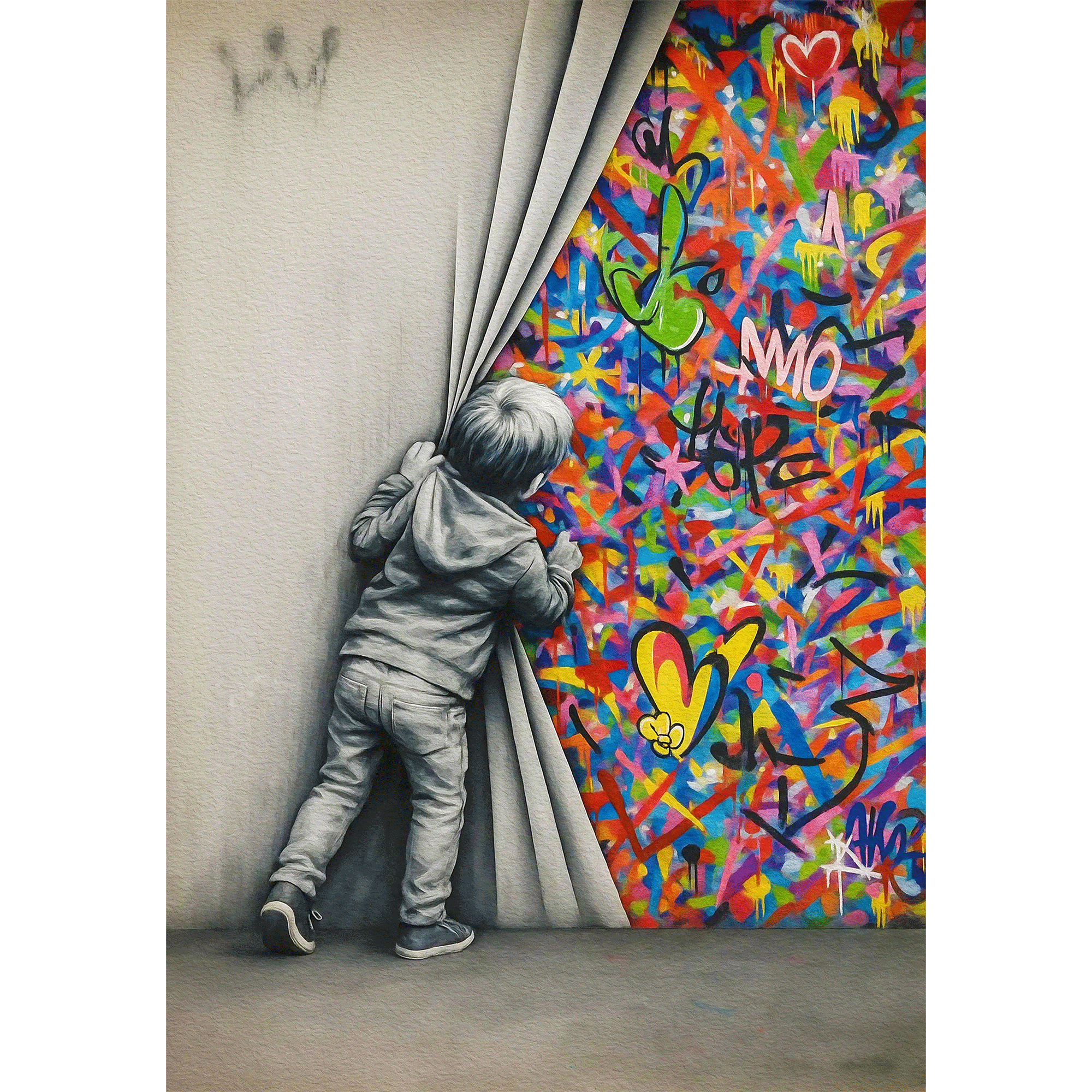 Street art of a child peeking behind a curtain into a colorful graffiti-covered wall.