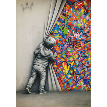 Street art of a child peeking behind a curtain into a colorful graffiti-covered wall.