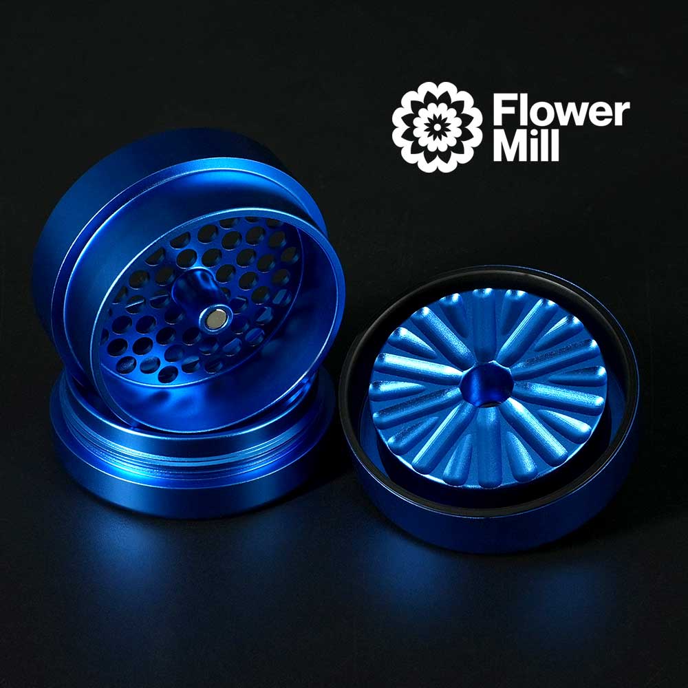Flower Mill Next Gen Standard Grinder Blau – 3-teiliger Aluminium Grinder auseinandergebaut