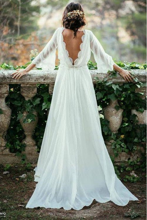 long sleeve white flowy dress Summer Flowy Boho A-line V back Chiffon Long  Sleeve Wedding