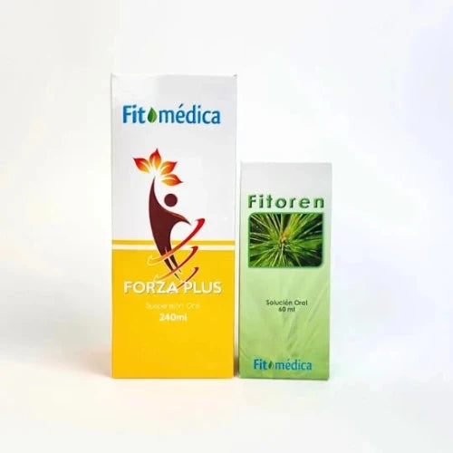Se muestran dos cajas de medicamento de la marca Fitomedica. A la izquierda, una caja del medicamento FORZA PLUS de 240 ml, que tiene un diseño amarillo con una silueta humana. A la derecha una caja de medicamento FITOREN de 60 ml, con un diseño verde suave con una ilustración de una planta verde.