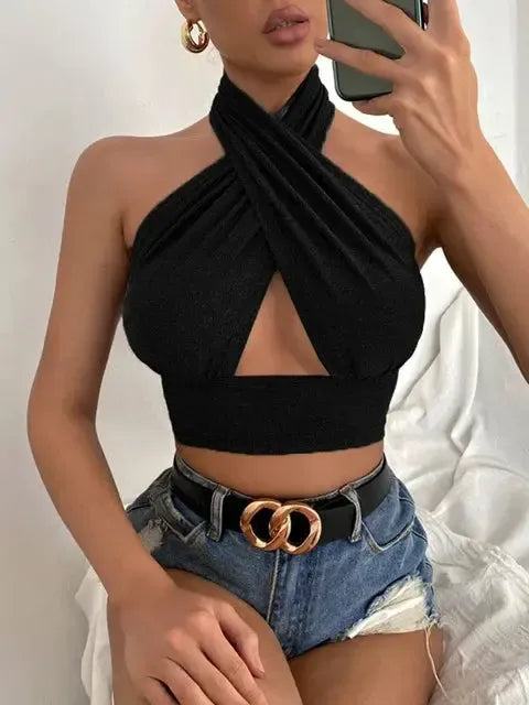 Xanthe - Dames Zomer Kruis Hals Halter Crop Top