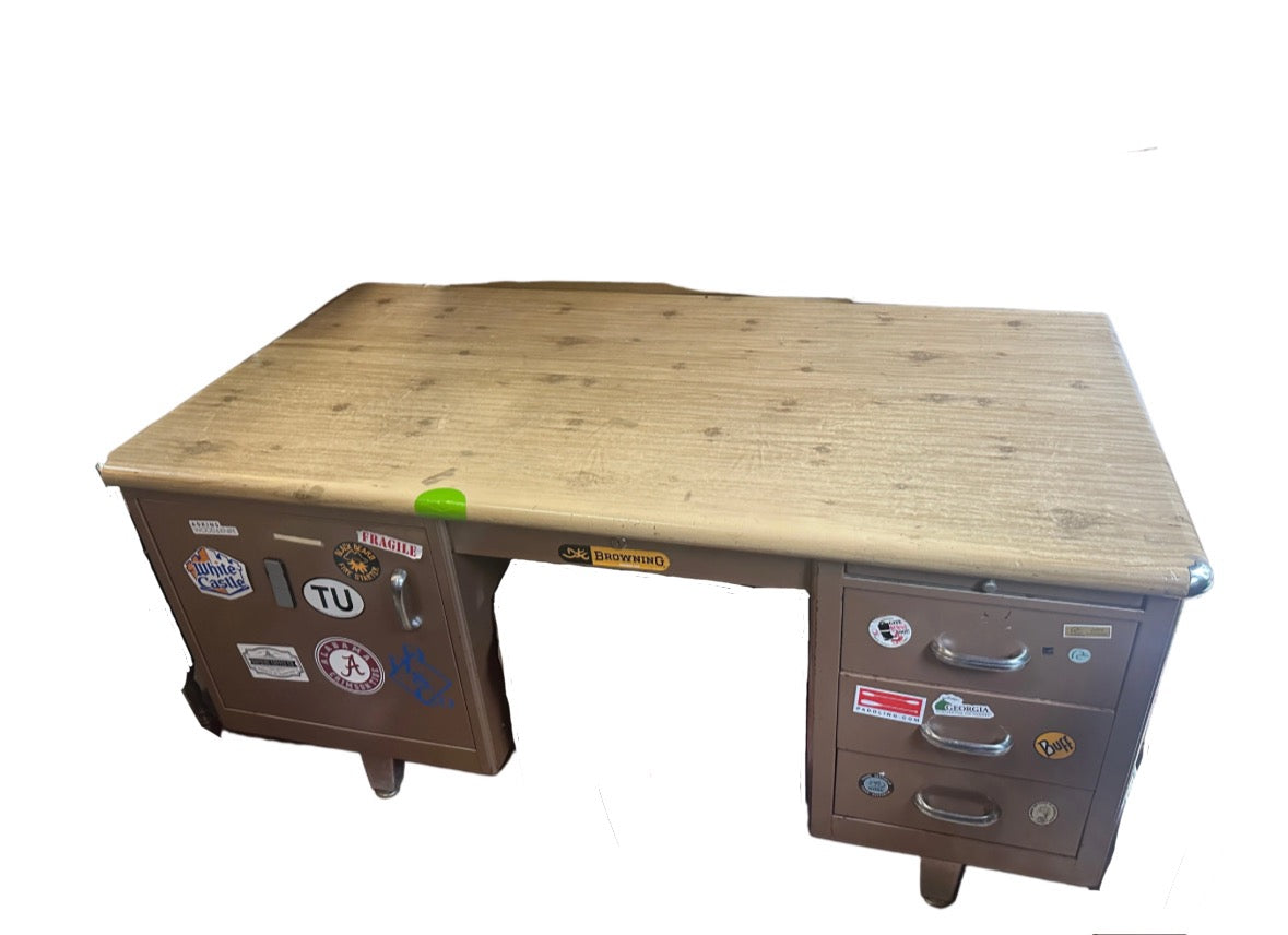 Vintage Industrial Metal Desk With Wooden Top- Stickers Included