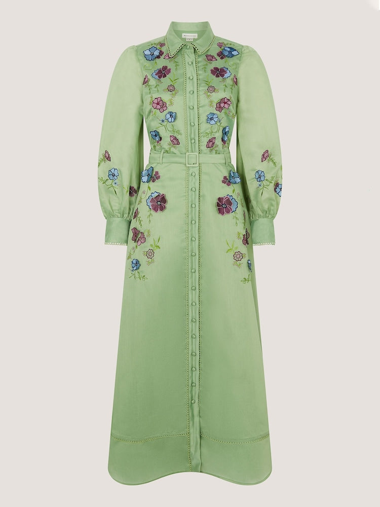 Buy Monsoon Green Orla Long Sleeve Floral Embroidered Midi Shirt Dress from  Next USA