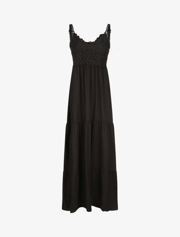 Robe longue empire à col V en dentelle - Noir - 4