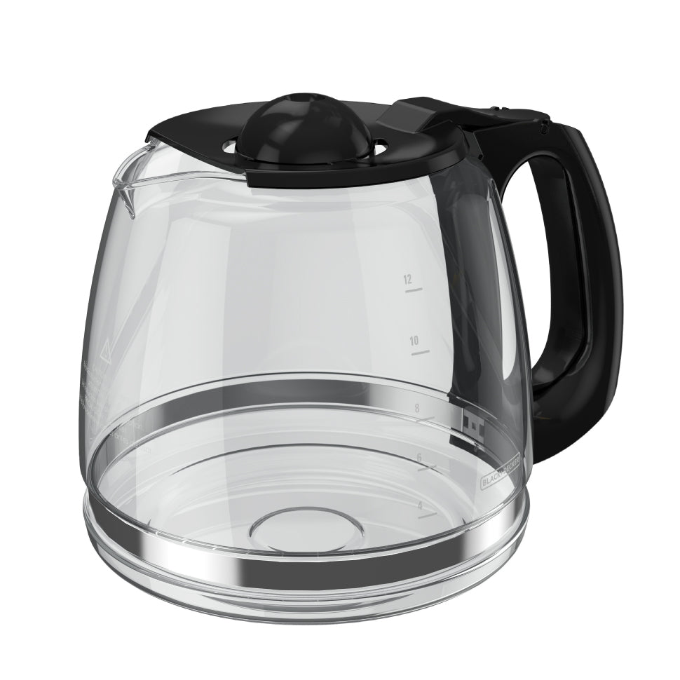 Clear glass coffee maker with black plastic handle and lid on a white background