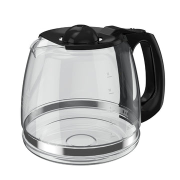 Clear glass coffee maker with black plastic handle and lid on a white background