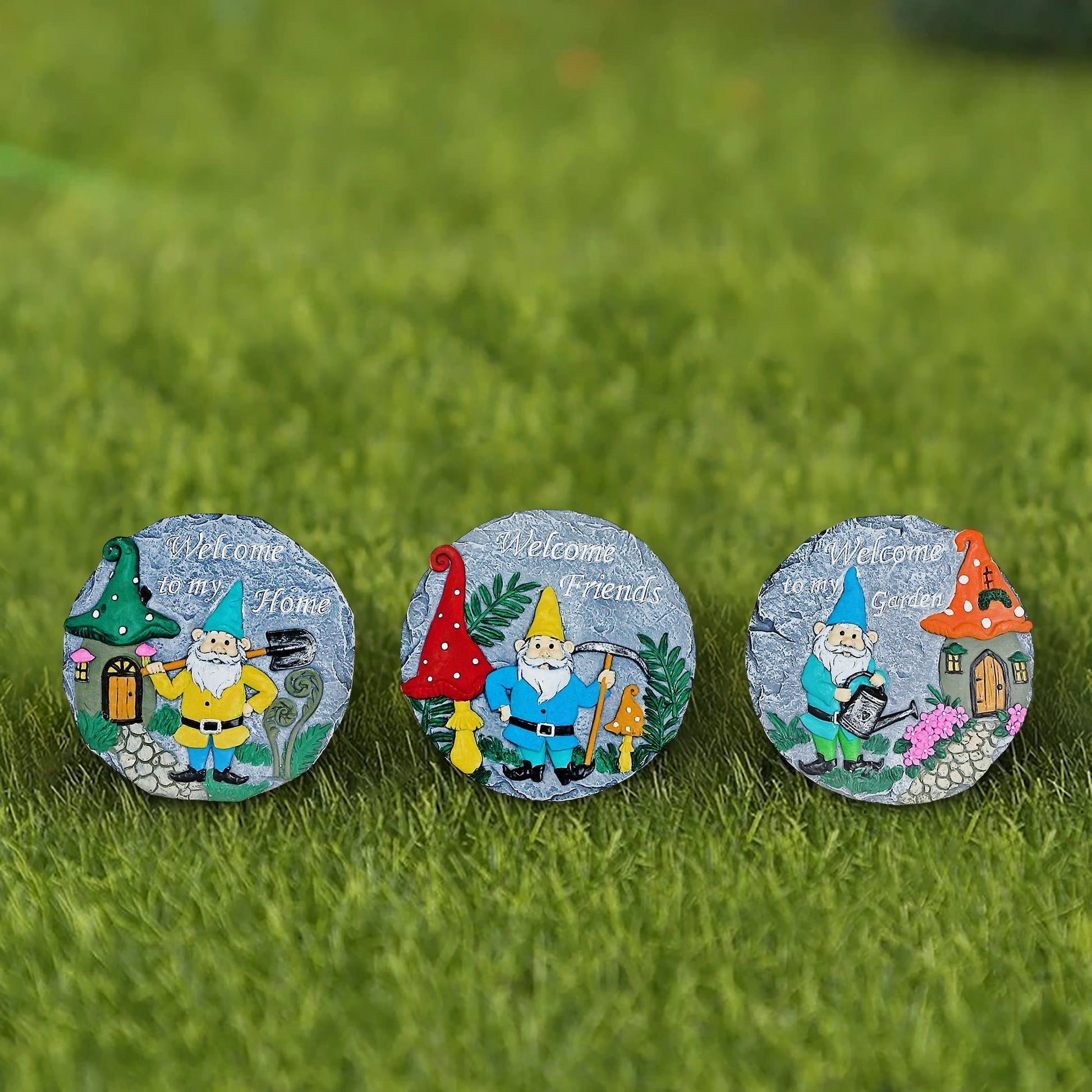 Round Garden Stepping Stones Gnome Assorted Set Of 3, Outdoor Garden Decor, Lawn Accent