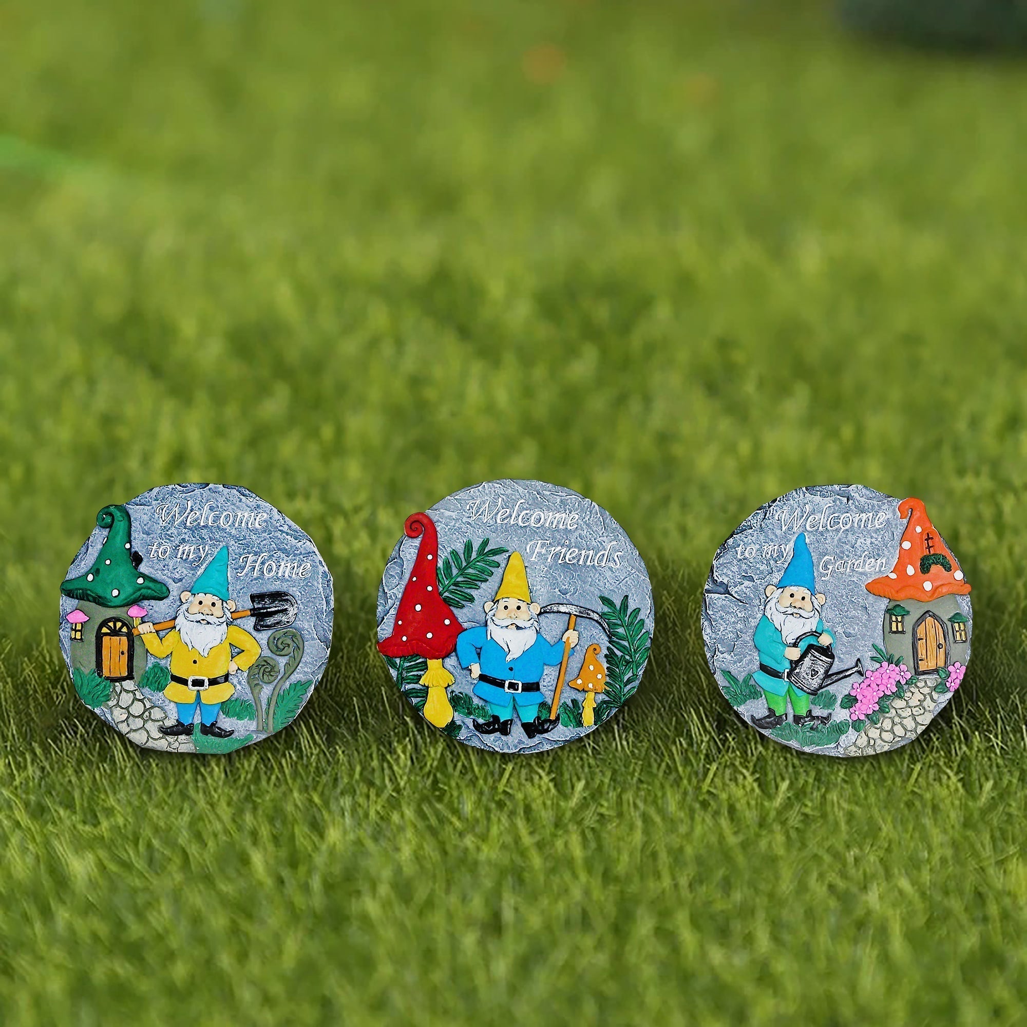 Round Garden Stepping Stones Gnome Assorted Set Of 3, Outdoor Garden Decor, Lawn Accent