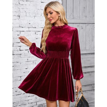 Women's Fall Velvet Mini Dress Long Sleeve Mock Neck High Waist Ruffle A Line Flowy Party Dresses Red Wine XX-Large
