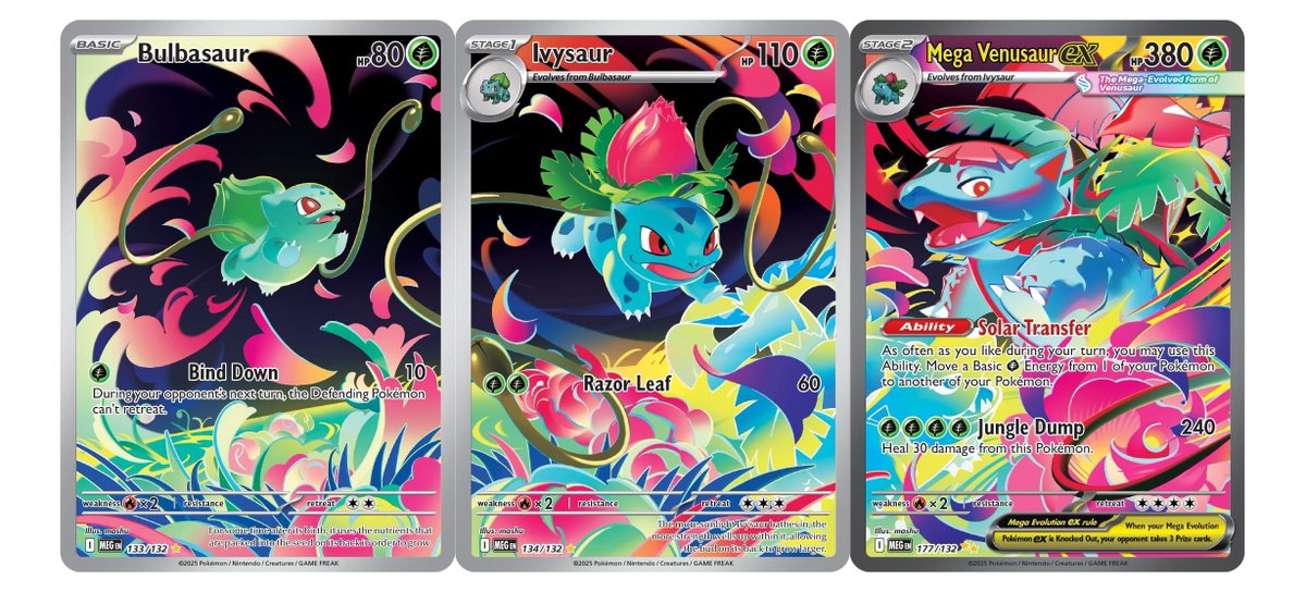 Connecting Pokémon Cards are Back! Mega Evolution will feature a connecting Bulbasaur Evolution Line artwork across three cards What other Pokémon Evolutions would you want to see like this?